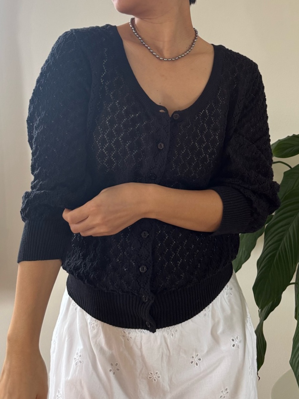 Eight Eight Eight 100% Cotton Open Knit 3/4 Length Sleeve Black Cardigan Size XL